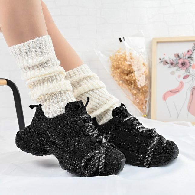 Pantofi Sport De dama,Din piele ecologica intoarsa,Cu Strasuri,D1397,Negru