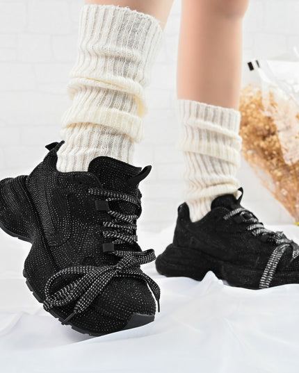 Дамски спортни обувки, изработени от еко-велур кожа, с кристали, D1397, черни