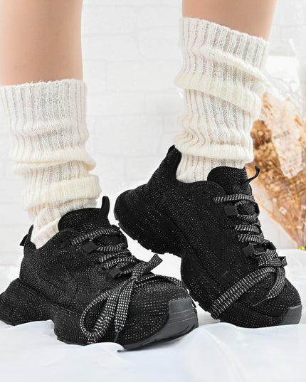 Дамски спортни обувки, изработени от еко-велур кожа, с кристали, D1397, черни