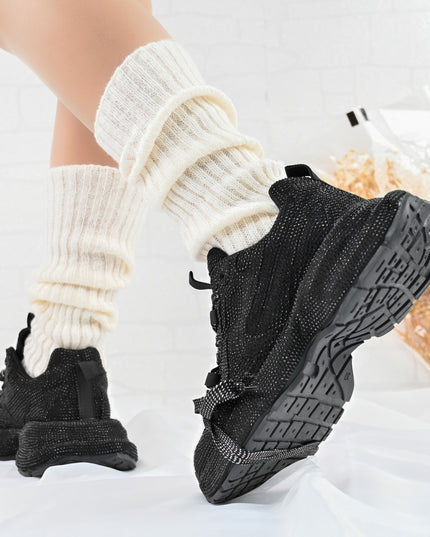 Дамски спортни обувки, изработени от еко-велур кожа, с кристали, D1397, черни