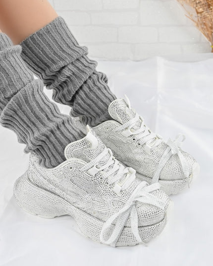 Дамски спортни обувки, изработени от еко-велур кожа, с кристали, D1397, бели