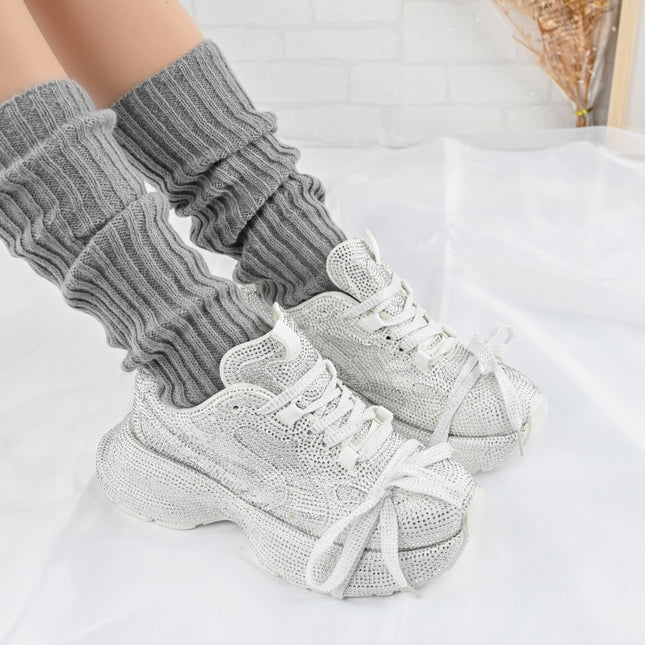 Pantofi Sport De dama,Din piele ecologica intoarsa,Cu Strasuri,D1397,Alb