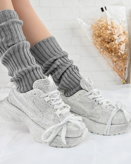 Дамски спортни обувки, изработени от еко-велур кожа, с кристали, D1397, бели