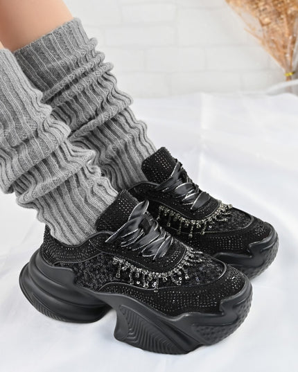 Дамски спортни обувки, изработени от текстилен материал с кристали, D1381, Черни