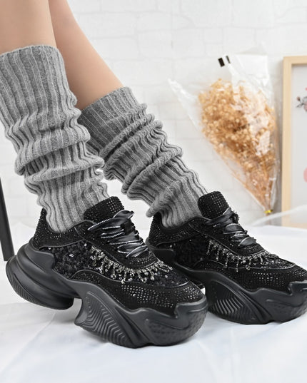 Дамски спортни обувки, изработени от текстилен материал с кристали, D1381, Черни