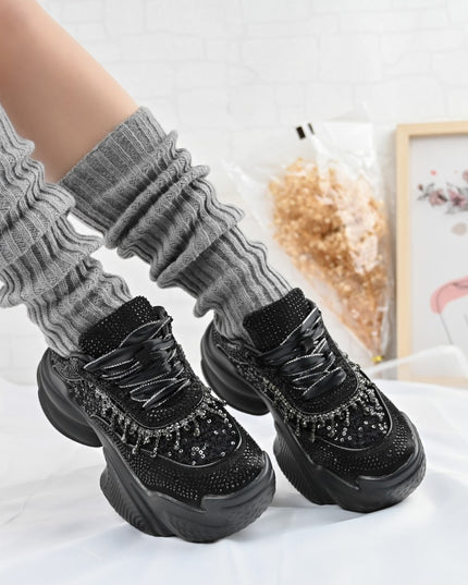 Дамски спортни обувки, изработени от текстилен материал с кристали, D1381, Черни