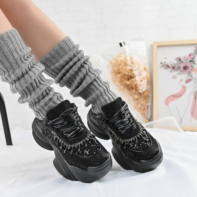 Pantofi sport De dama,Din material Textil Cu Strasuri, D1381, Negru