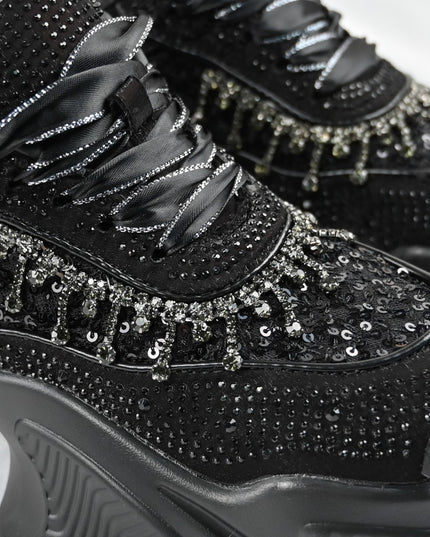 Дамски спортни обувки, изработени от текстилен материал с кристали, D1381, Черни