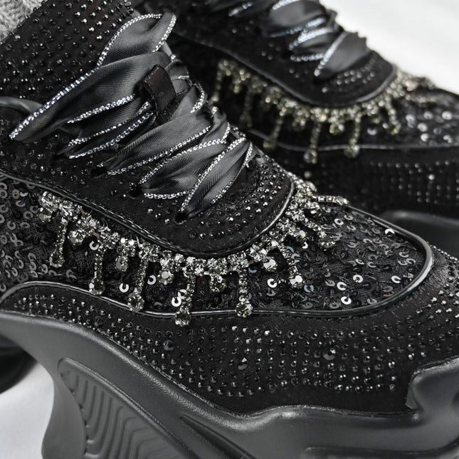 Pantofi sport De dama,Din material Textil Cu Strasuri, D1381, Negru