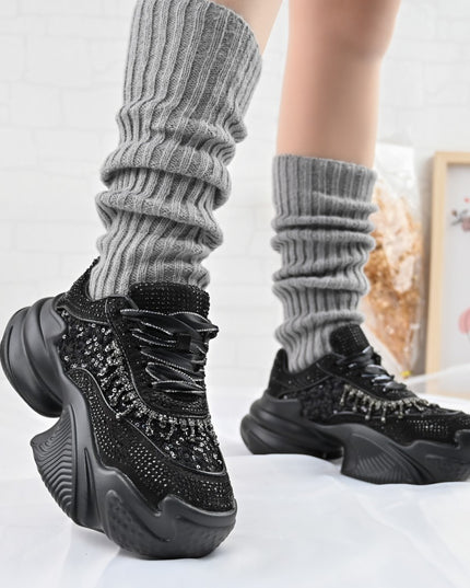 Дамски спортни обувки, изработени от текстилен материал с кристали, D1381, Черни