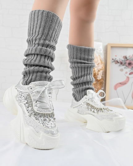 Дамски спортни обувки, изработени от текстилен материал с кристали, D1381, бели