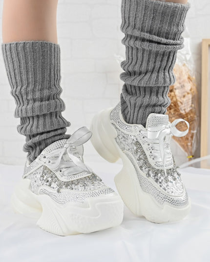 Дамски спортни обувки, изработени от текстилен материал с кристали, D1381, бели