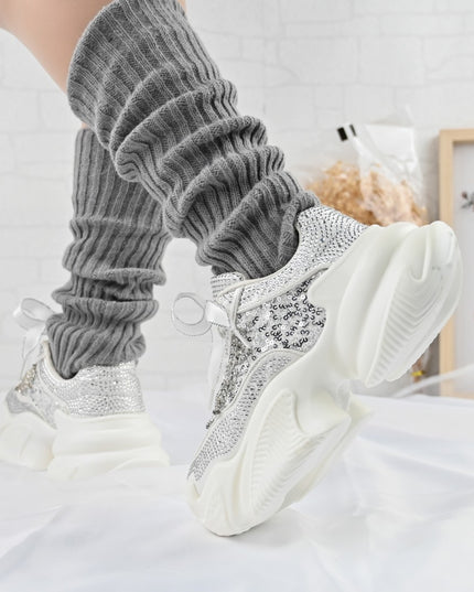 Дамски спортни обувки, изработени от текстилен материал с кристали, D1381, бели