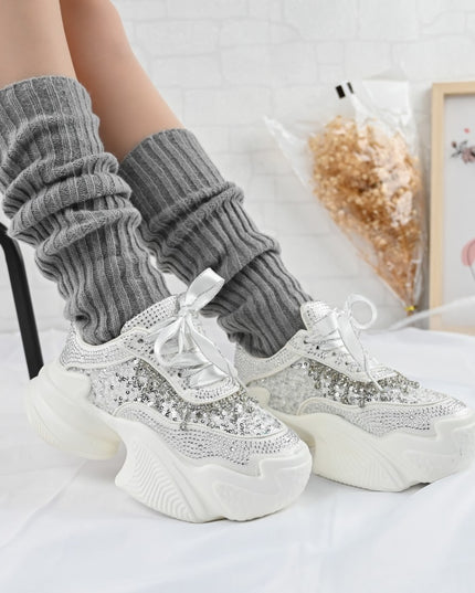 Дамски спортни обувки, изработени от текстилен материал с кристали, D1381, бели