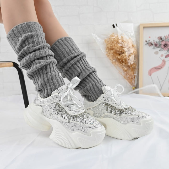 Pantofi sport De dama,Din material Textil Cu Strasuri,D1381, Alb