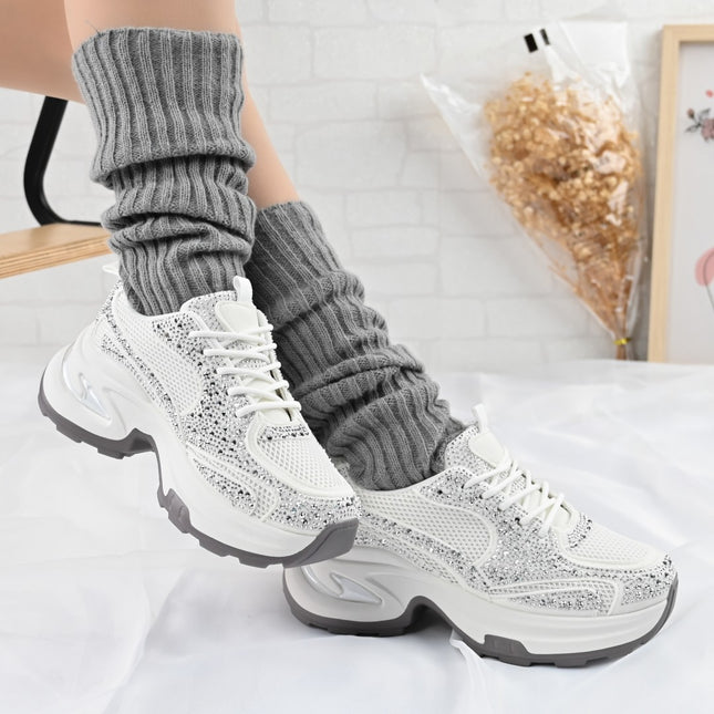 Pantofi Sport De Dama,Cu Insertii De Plasa si Strasuri,D1414,Alb