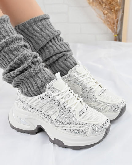 Pantofi Sport De Dama,Cu Insertii De Plasa si Strasuri,D1414,Alb