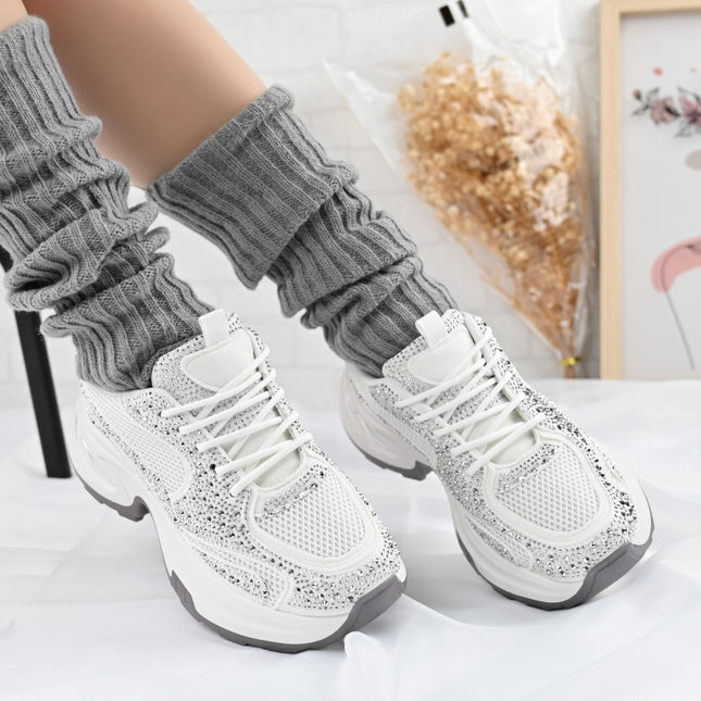 Pantofi Sport De Dama,Cu Insertii De Plasa si Strasuri,D1414,Alb