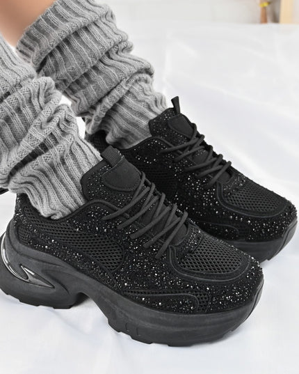 Дамски спортни обувки, с мрежести вложки и кристали, D1414, черни