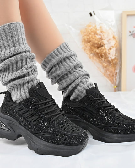 Дамски спортни обувки, с мрежести вложки и кристали, D1414, черни