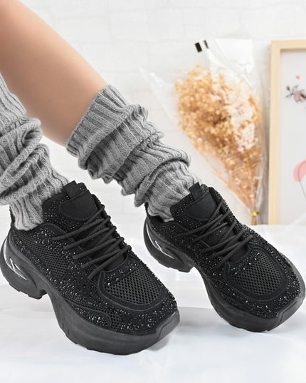 Дамски спортни обувки, с мрежести вложки и кристали, D1414, черни