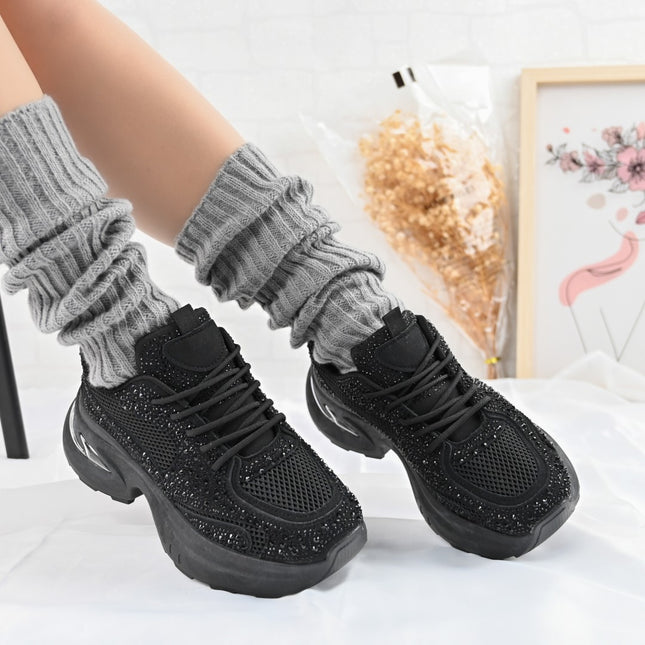 Pantofi Sport De Dama,Cu Insertii De Plasa si Strasuri,D1414,Negru