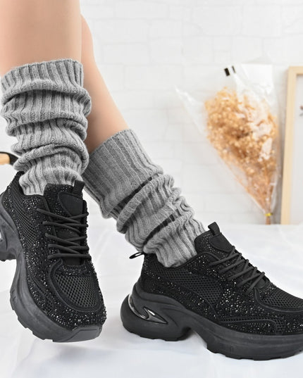 Дамски спортни обувки, с мрежести вложки и кристали, D1414, черни