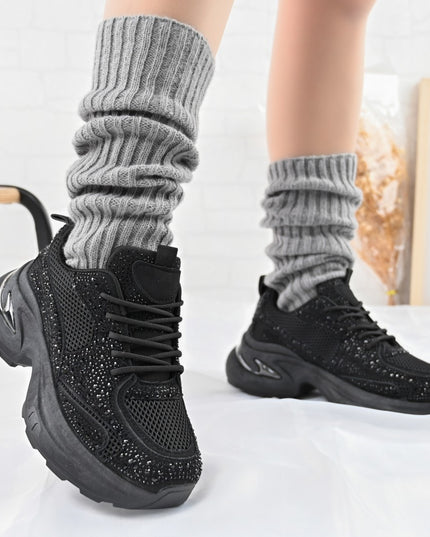 Дамски спортни обувки, с мрежести вложки и кристали, D1414, черни