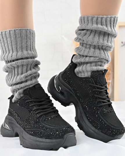 Дамски спортни обувки, с мрежести вложки и кристали, D1414, черни