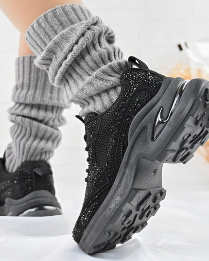 Дамски спортни обувки, с мрежести вложки и кристали, D1414, черни