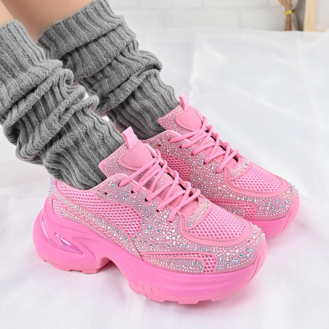 Pantofi Sport De Dama,Cu Insertii De Plasa si Strasuri,D1414,Roz