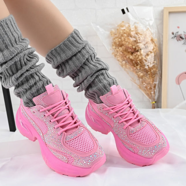 Pantofi Sport De Dama,Cu Insertii De Plasa si Strasuri,D1414,Roz