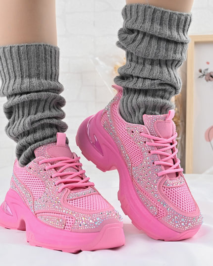 Pantofi Sport De Dama,Cu Insertii De Plasa si Strasuri,D1414,Roz