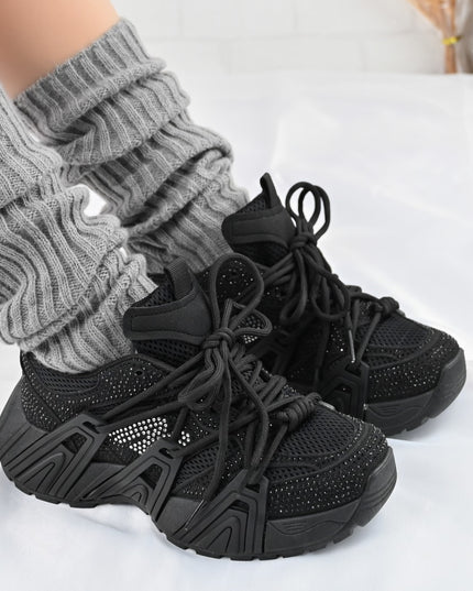 Дамски спортни обувки, изработени от еко-велур кожа, с кристали, D1408, черни