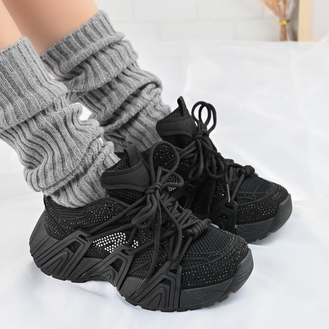 Pantofi Sport De Dama,Din Piele Ecologica Intoarsa,Cu Strasuri,D1408,Negru