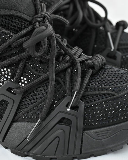 Дамски спортни обувки, изработени от еко-велур кожа, с кристали, D1408, черни