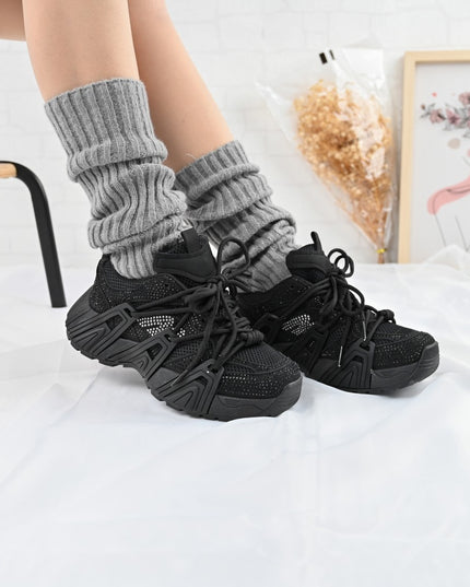 Дамски спортни обувки, изработени от еко-велур кожа, с кристали, D1408, черни