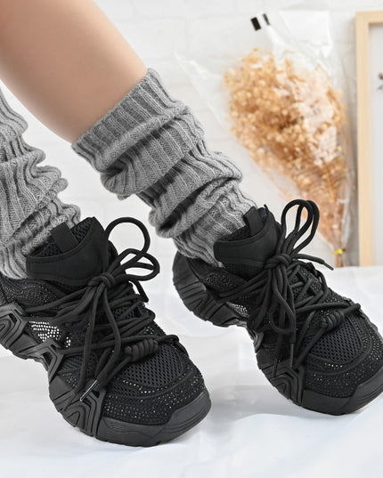 Дамски спортни обувки, изработени от еко-велур кожа, с кристали, D1408, черни