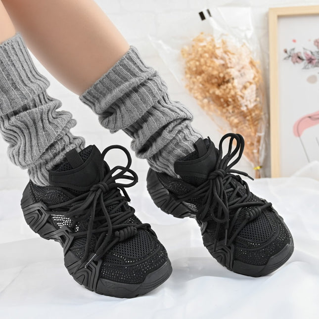 Pantofi Sport De Dama,Din Piele Ecologica Intoarsa,Cu Strasuri,D1408,Negru