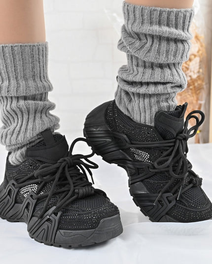 Дамски спортни обувки, изработени от еко-велур кожа, с кристали, D1408, черни