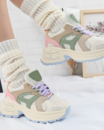 Дамски спортни обувки, с мрежести вложки, D1387, бежов