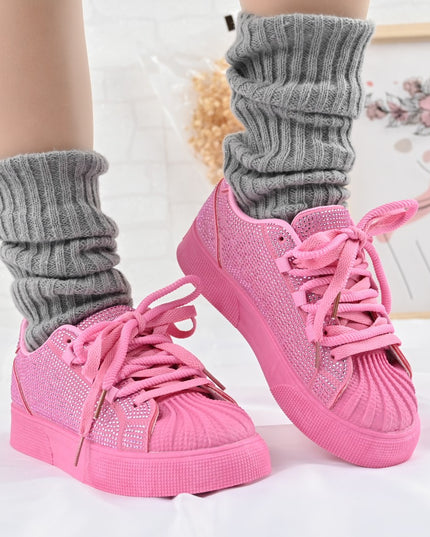 Дамски спортни обувки, изработени от еко-велур кожа, с кристали, D1395, розови