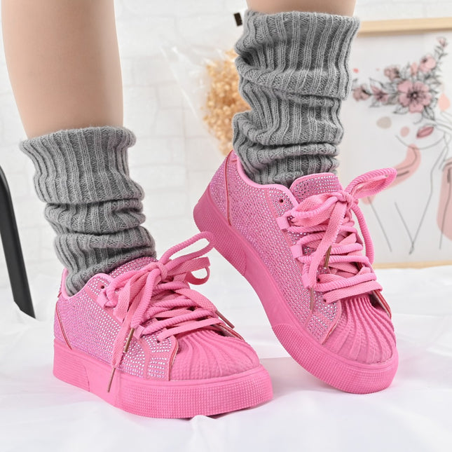 Pantofi Sport De dama,Din piele ecologica intoarsa,Cu Strasuri,D1395,Roz