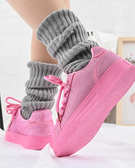 Дамски спортни обувки, изработени от еко-велур кожа, с кристали, D1395, розови