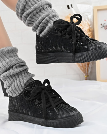 Дамски спортни обувки, изработени от еко-велур кожа, с кристали, D1395, черни