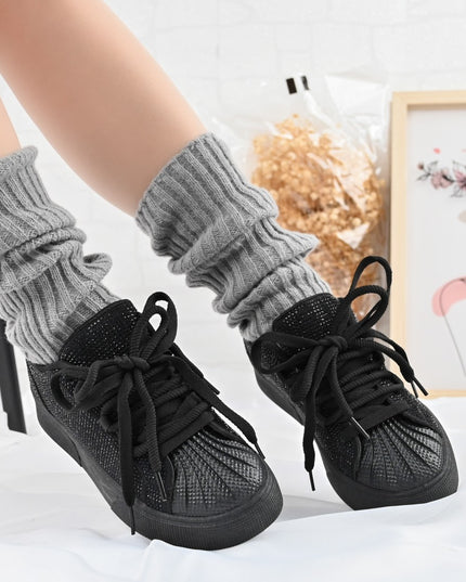 Дамски спортни обувки, изработени от еко-велур кожа, с кристали, D1395, черни