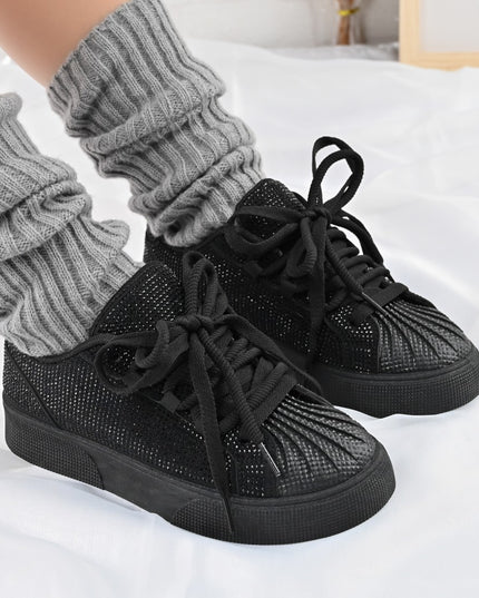 Дамски спортни обувки, изработени от еко-велур кожа, с кристали, D1395, черни