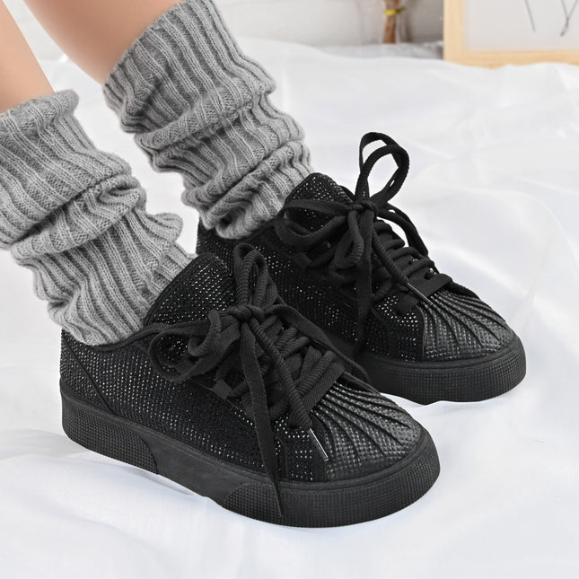 Pantofi Sport De dama,Din piele ecologica intoarsa,Cu Strasuri,D1395,Negru