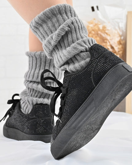 Дамски спортни обувки, изработени от еко-велур кожа, с кристали, D1395, черни