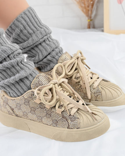 Дамски спортни обувки, изработени от еко-велур кожа, с кристали, D1395, каки